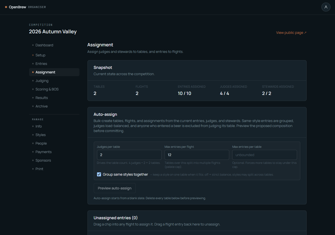 OpenBrew automatic table and flight assignment