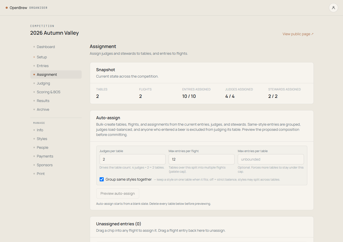 OpenBrew automatic table and flight assignment